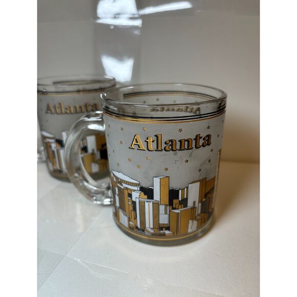 2 Atlanta Frosted Gold and Black City Building Stars Clear Glass Mugs - Picture 3 of 9